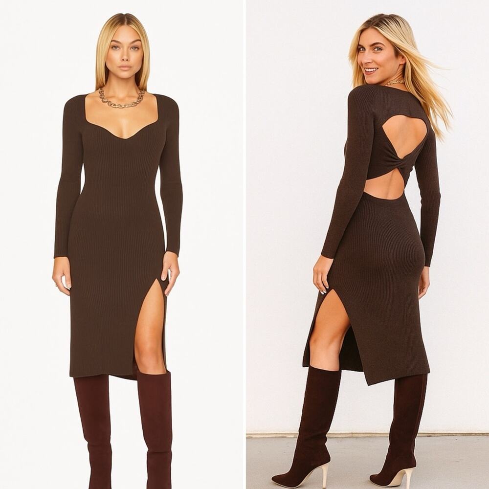SKIN WORLDWIDE Mariana Dress Brazil Nut Ribbed Knit Long Sleeve Stretch Med NEW